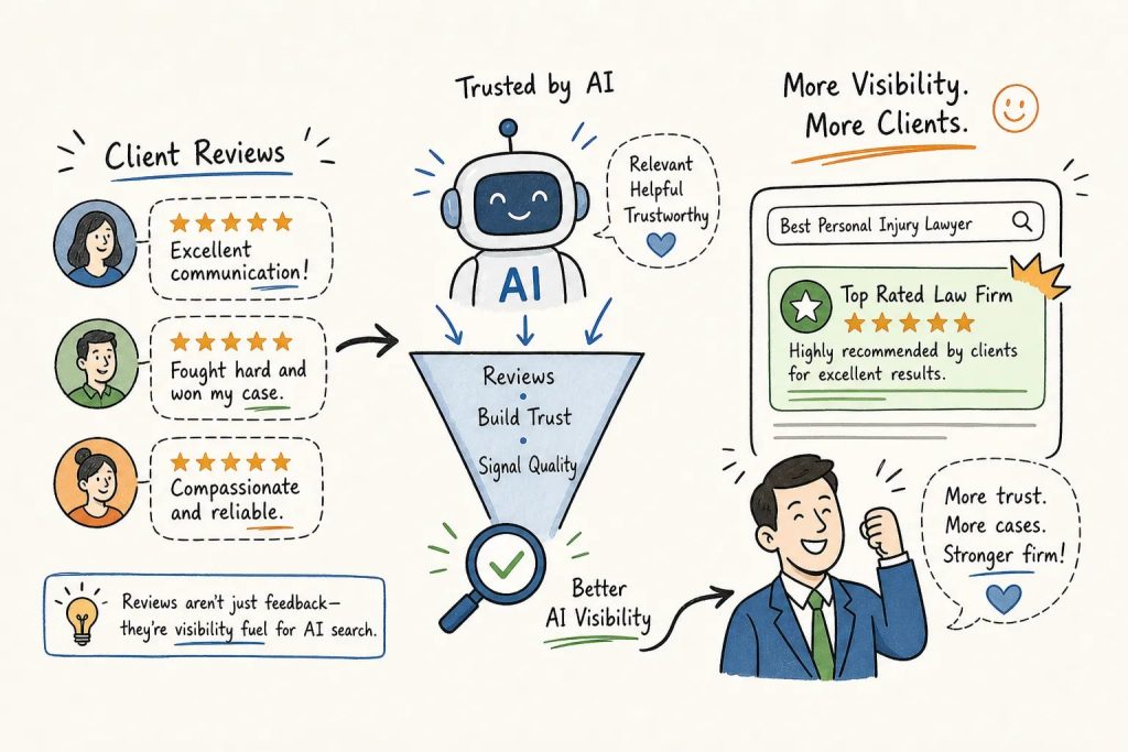 Infographic showing how client reviews feed AI to build trust and visibility for a law firm (reviews -> AI -> better visibility).