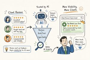 Infographic showing how client reviews feed AI to build trust and visibility for a law firm (reviews -> AI -> better visibility).