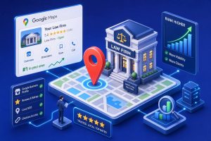 Isometric scene showing a law firm on a city map with a giant red location pin and Google Maps search panel highlighting local ranking and reviews.