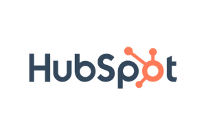 HubSpot logo: blue wordmark with an orange gear/sprocket icon to the right