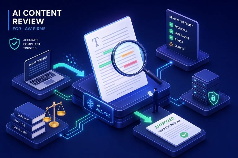 AI content review for law firms: document under magnifying glass with an Approved stamp and a review checklist.