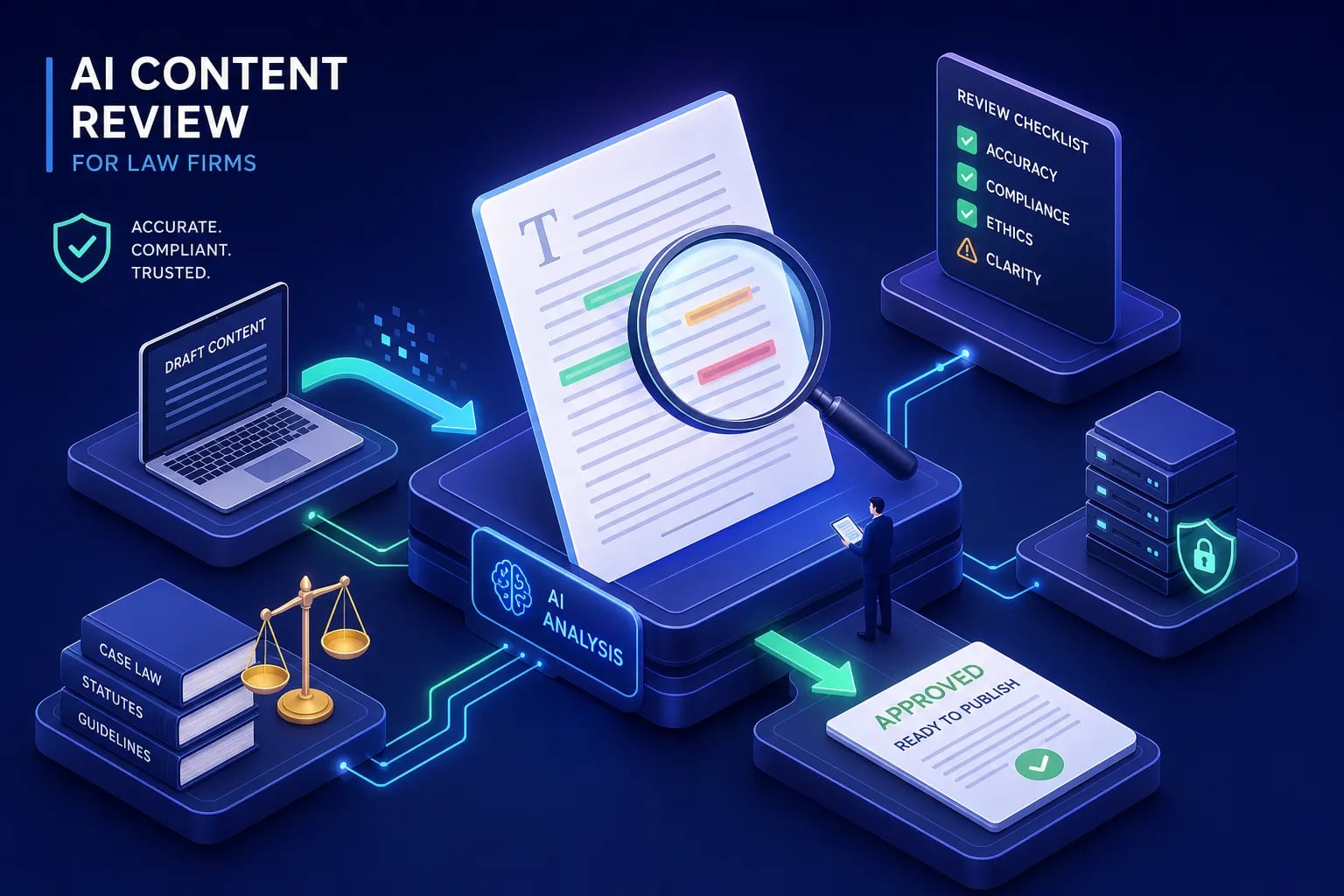 AI content review for law firms: document under magnifying glass with an Approved stamp and a review checklist.