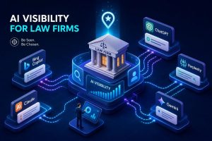 Central law firm building on a glowing platform connected to AI tools (ChatGPT, Bing Copilot, Perplexity, Claude, Gemini) illustrating AI visibility for law firms.