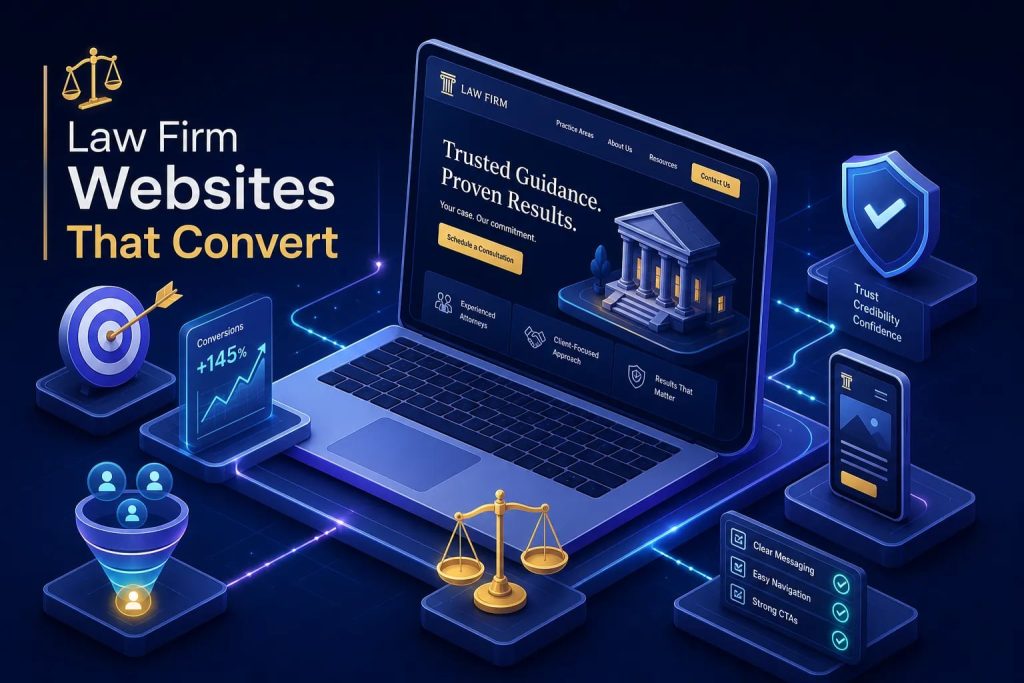 Promotional illustration of a law firm website on a laptop, with scales, target, and courthouse icons suggesting credibility and conversion.