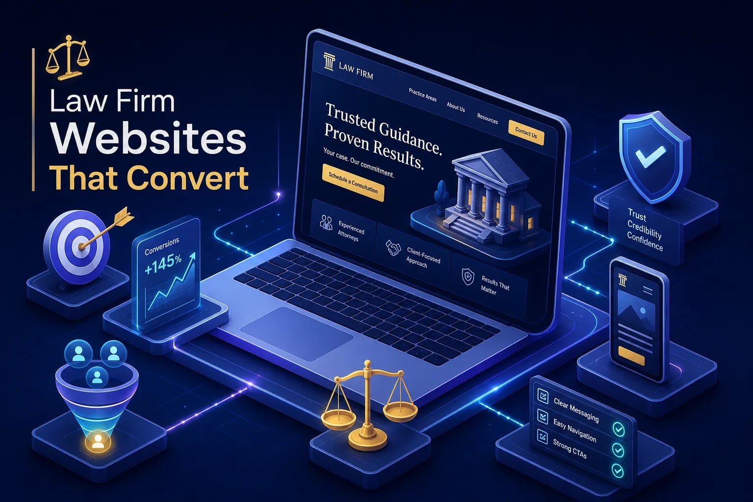 Promotional illustration of a law firm website on a laptop, with scales, target, and courthouse icons suggesting credibility and conversion.