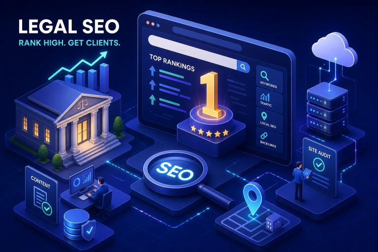 Isometric legal SEO scene: courthouse beside a glowing SEO dashboard showing top rankings and a large number 1.