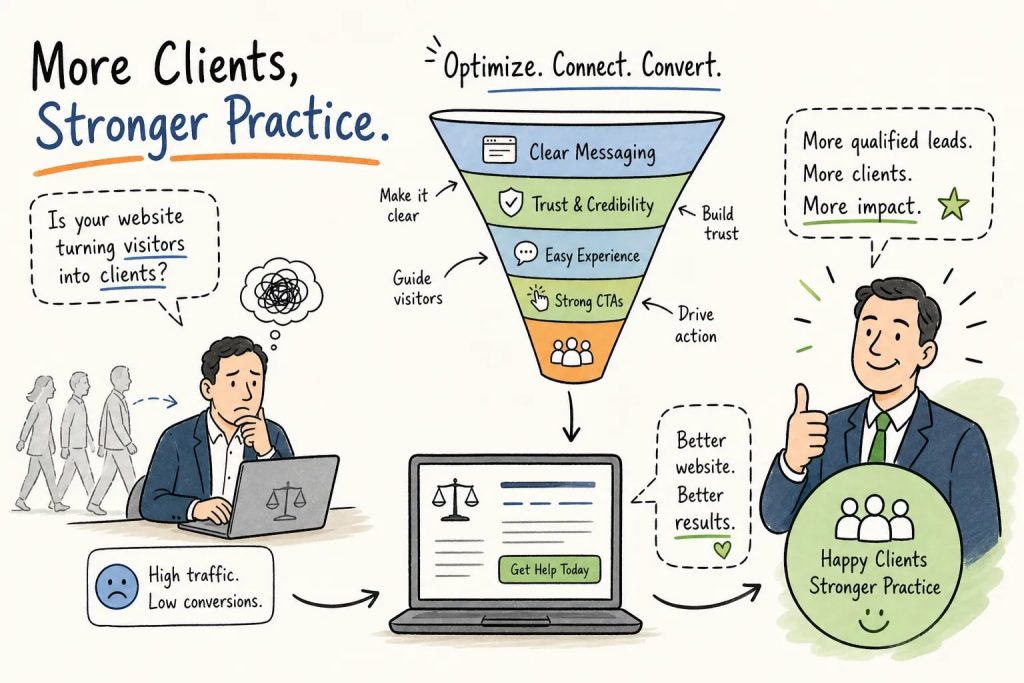 Infographic showing a marketing funnel to attract more clients: clear messaging, trust, easy experience, strong CTAs, ending with happy clients and a stronger practice.