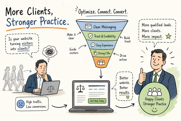 Infographic showing a marketing funnel to attract more clients: clear messaging, trust, easy experience, strong CTAs, ending with happy clients and a stronger practice.