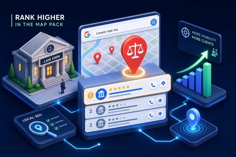 Isometric illustration of a law firm connected to a map search with location pins and a ranking list showing increased visibility for local SEO.