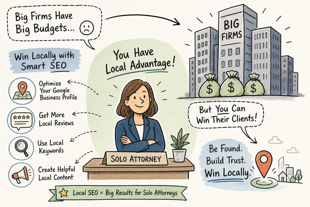 Cartoon infographic: a solo attorney at a desk surrounded by tips for local SEO to win local clients; big firms in the background.