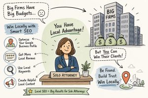 Cartoon infographic: a solo attorney at a desk surrounded by tips for local SEO to win local clients; big firms in the background.