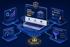 Central laptop displays a law firm branding with 'Trust. Expertise. Results.' and a courthouse icon, surrounded by panels.