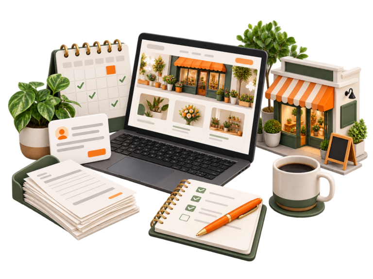 Laptop showing a plant shop website on a desk surrounded by a calendar, notebook, papers, and a small storefront model with orange awning and plants.