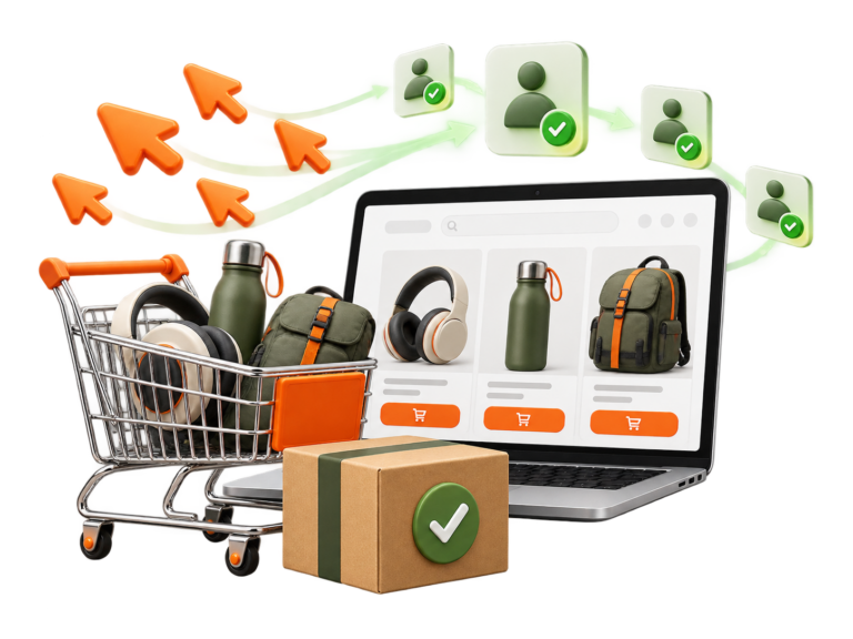 Online shopping concept: shopping cart with products, laptop product grid, and green check icons signaling approved items or order readiness.