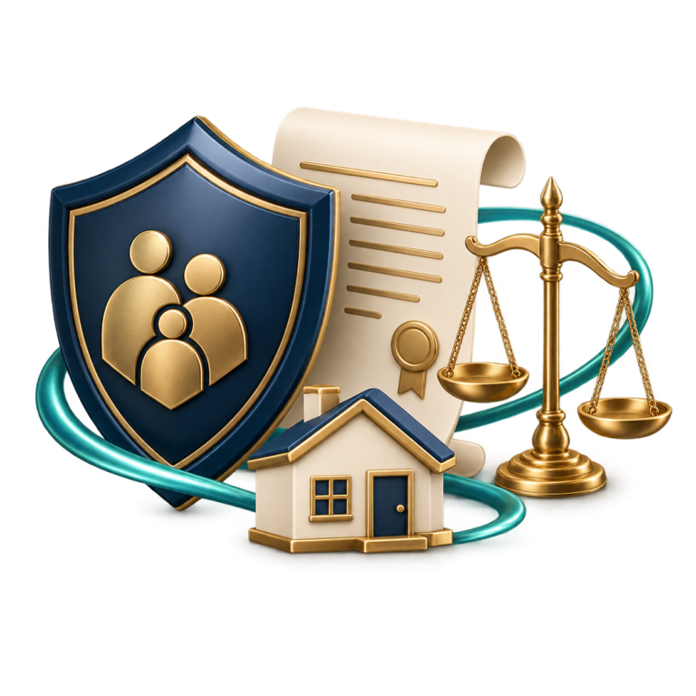 Shield with a family icon, a contract scroll, scales of justice, and a small house symbolizing legal protection for family, housing, and rights.
