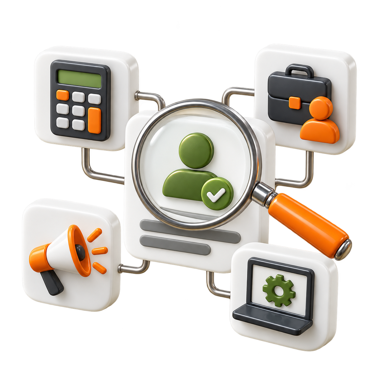 Magnifying glass over a green user icon with a check, surrounded by recruitment-related icons (calculator, briefcase, megaphone, laptop, gear).