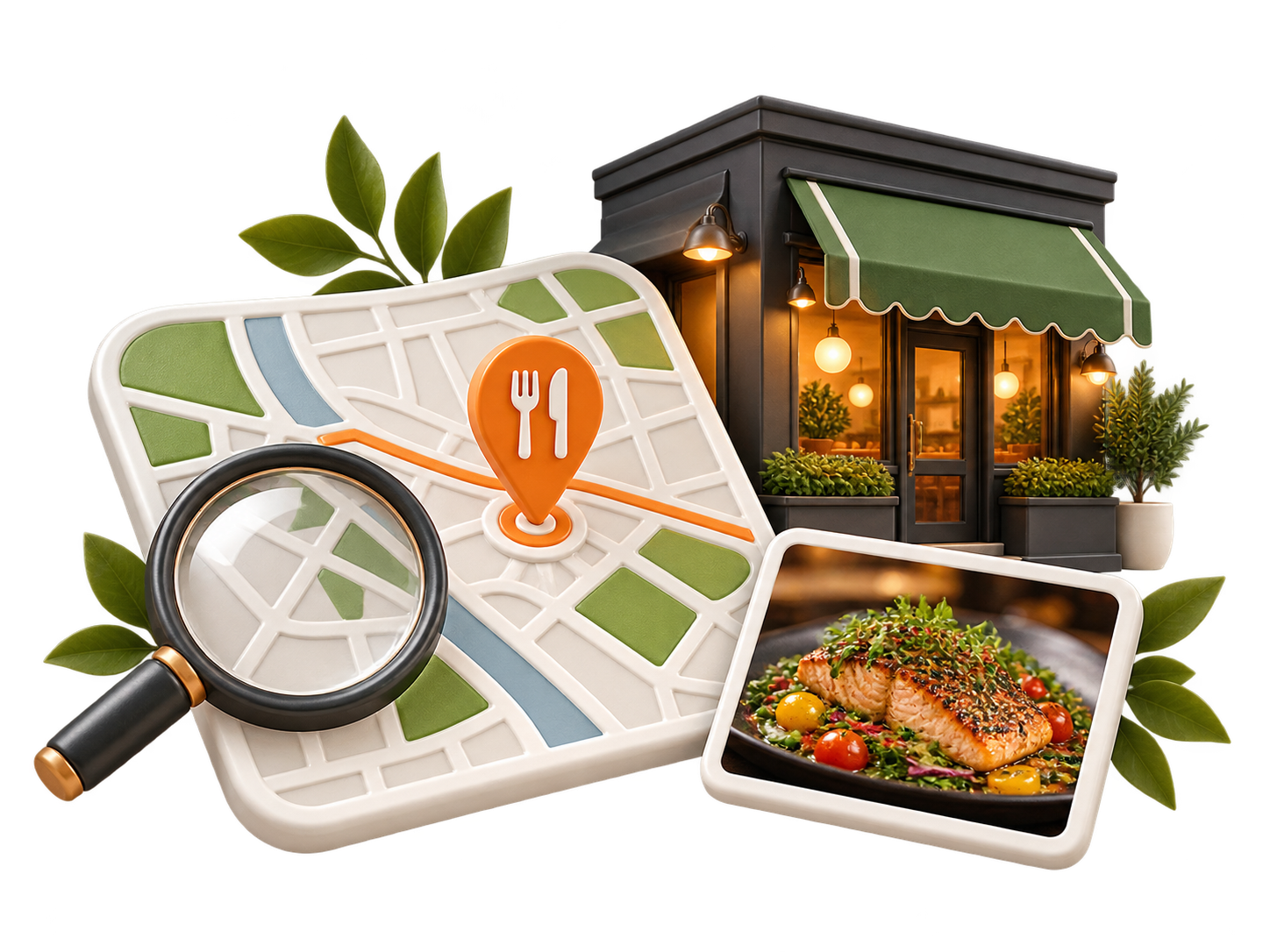 Map with a bright orange location pin, a magnifying glass, a cafe storefront, and a plated salmon dish life-sized in a collage image.