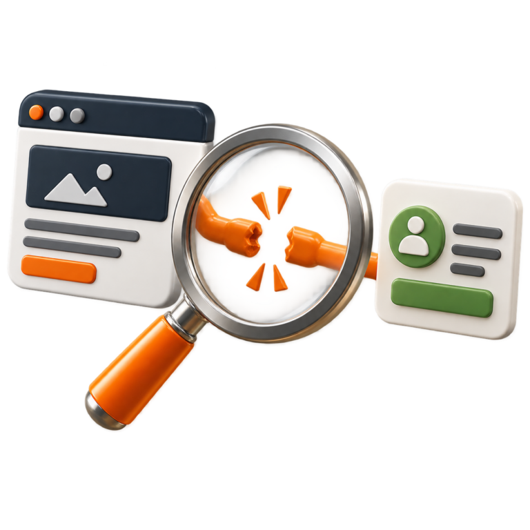 Magnifying glass over two website UI cards with a broken center, symbolizing a security breach or investigation.