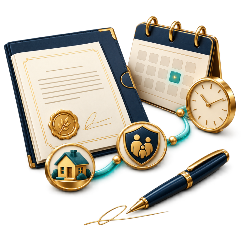 Decorative desk scene with a blue notebook, calendar, clock, home and family shield medallions, connected by a teal chain, and a blue-gold fountain pen.