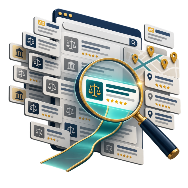 Magnifying glass over a wall of legal-themed search results with map pins and rating cards, symbolizing legal data search.