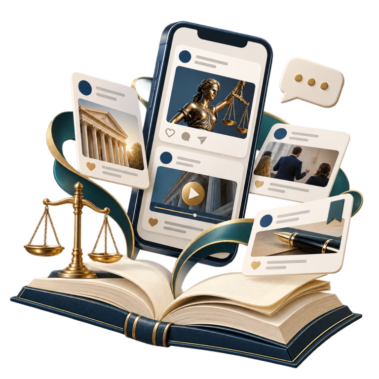 Open legal book with scales of justice, a large smartphone showing social posts and floating cards in a dynamic composition.