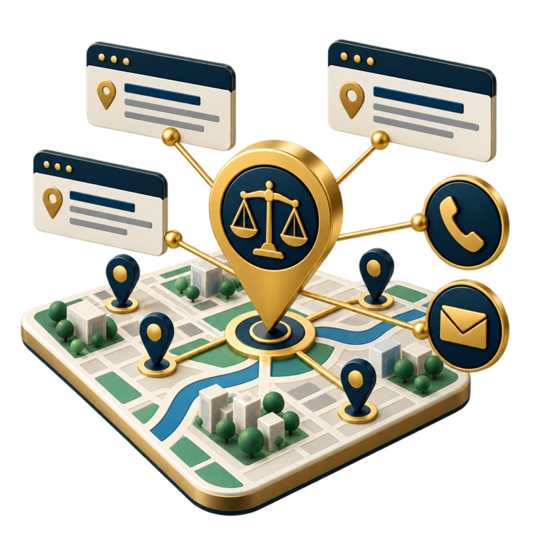 Gold scales of justice pin connected to map markers and contact icons on a city map