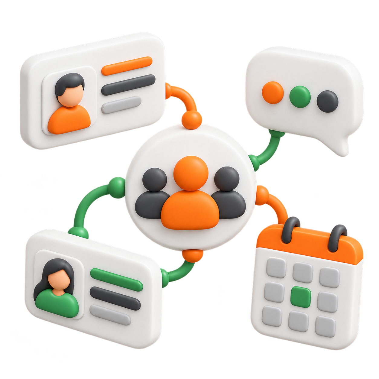 Contact cards, messages, and a calendar connected to one central CRM hub