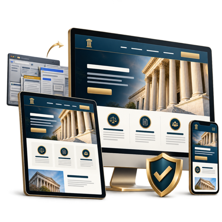 Responsive law firm website shown on desktop, tablet, and mobile with courthouse imagery and a security shield.