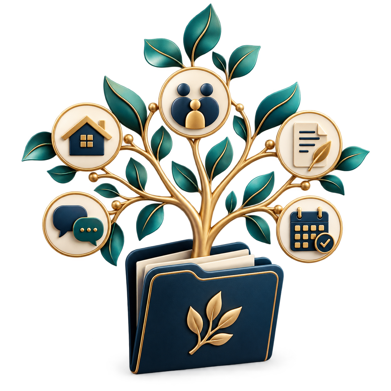Decorative tree with icons for home, people, documents, chat, and calendar emerging from a blue folder with a gold leaf motif on a dark background.