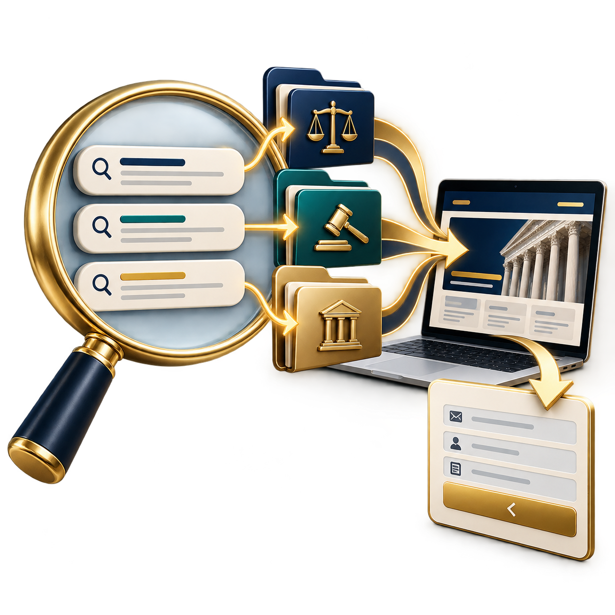 Magnifying glass over search results with legal folders (scales, gavel, courthouse) feeding a laptop showing a legal webpage.