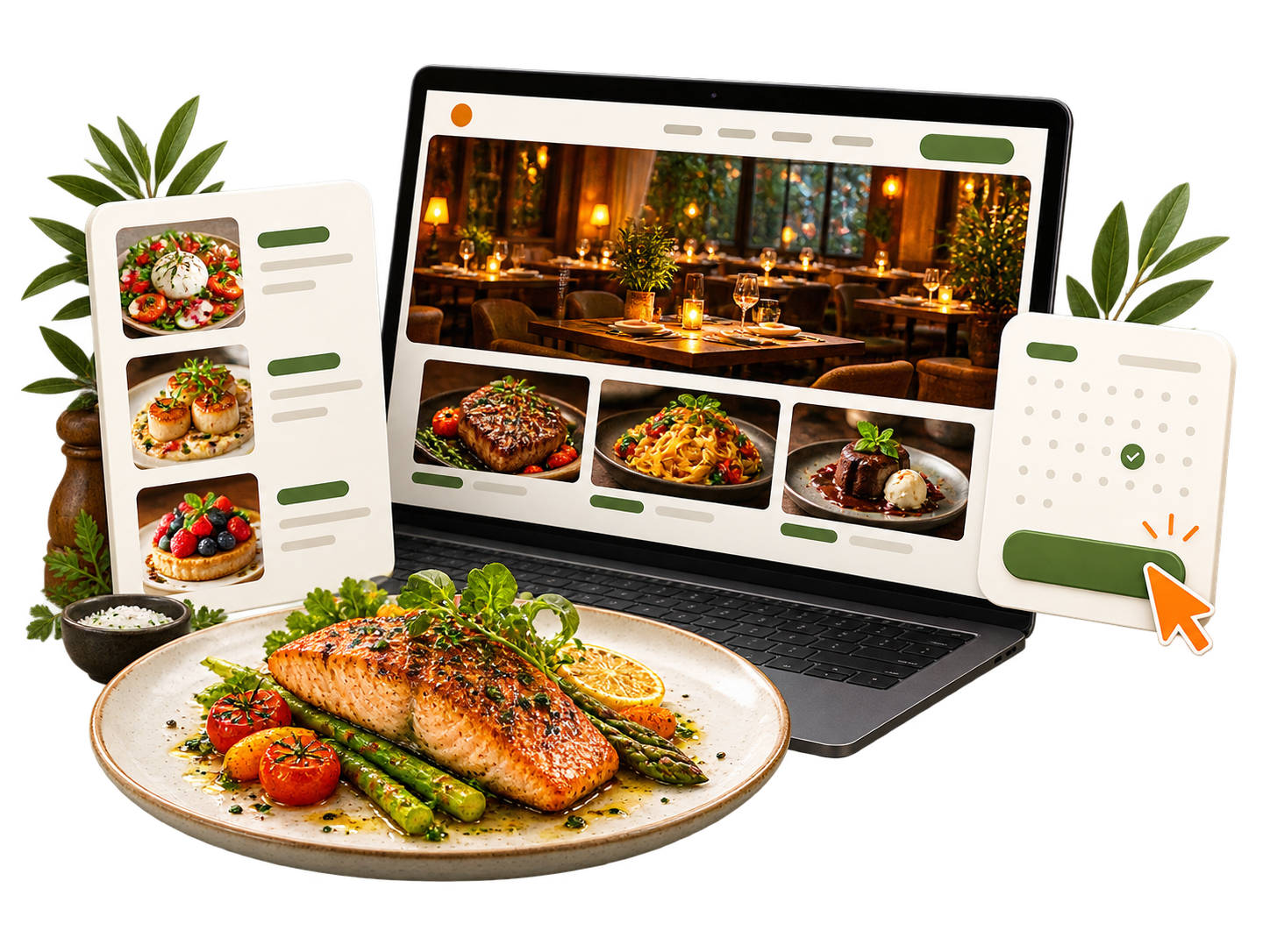 Laptop displaying a restaurant's online menu with multiple dish thumbnails; foreground plate features salmon with vegetables.