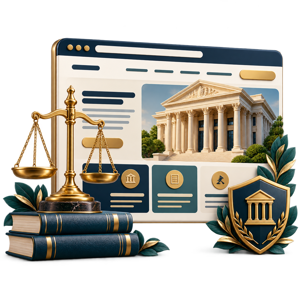 Golden scales of justice beside a tablet-like screen showing a classical courthouse and legal icons on a blue interface.
