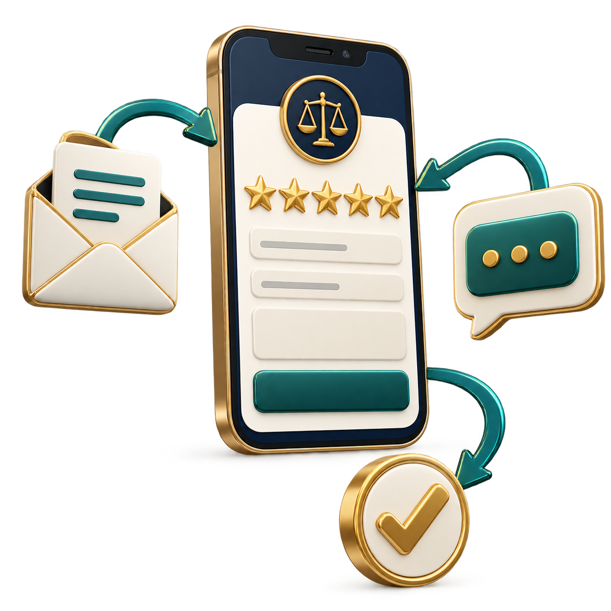 Smartphone with a five-star rating on screen, surrounded by an envelope, chat bubble, and a checkmark icon indicating approval/verification.