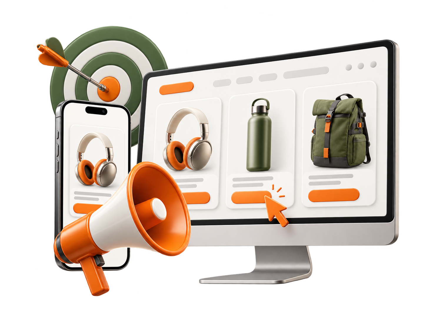 E-commerce product gallery on a computer monitor showing headphones, a green bottle, and a backpack.