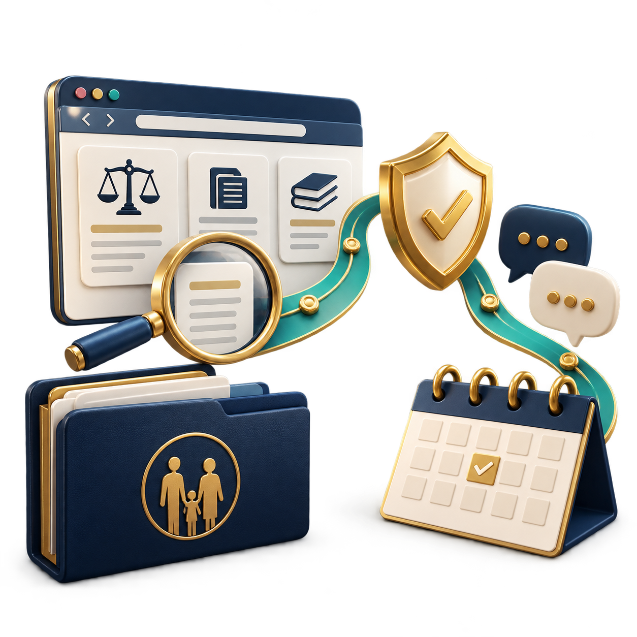 3D illustration of a web browser with documents, magnifying glass, scales of justice, shield, chat bubbles, folders, and a calendar—depicting data security and privacy.