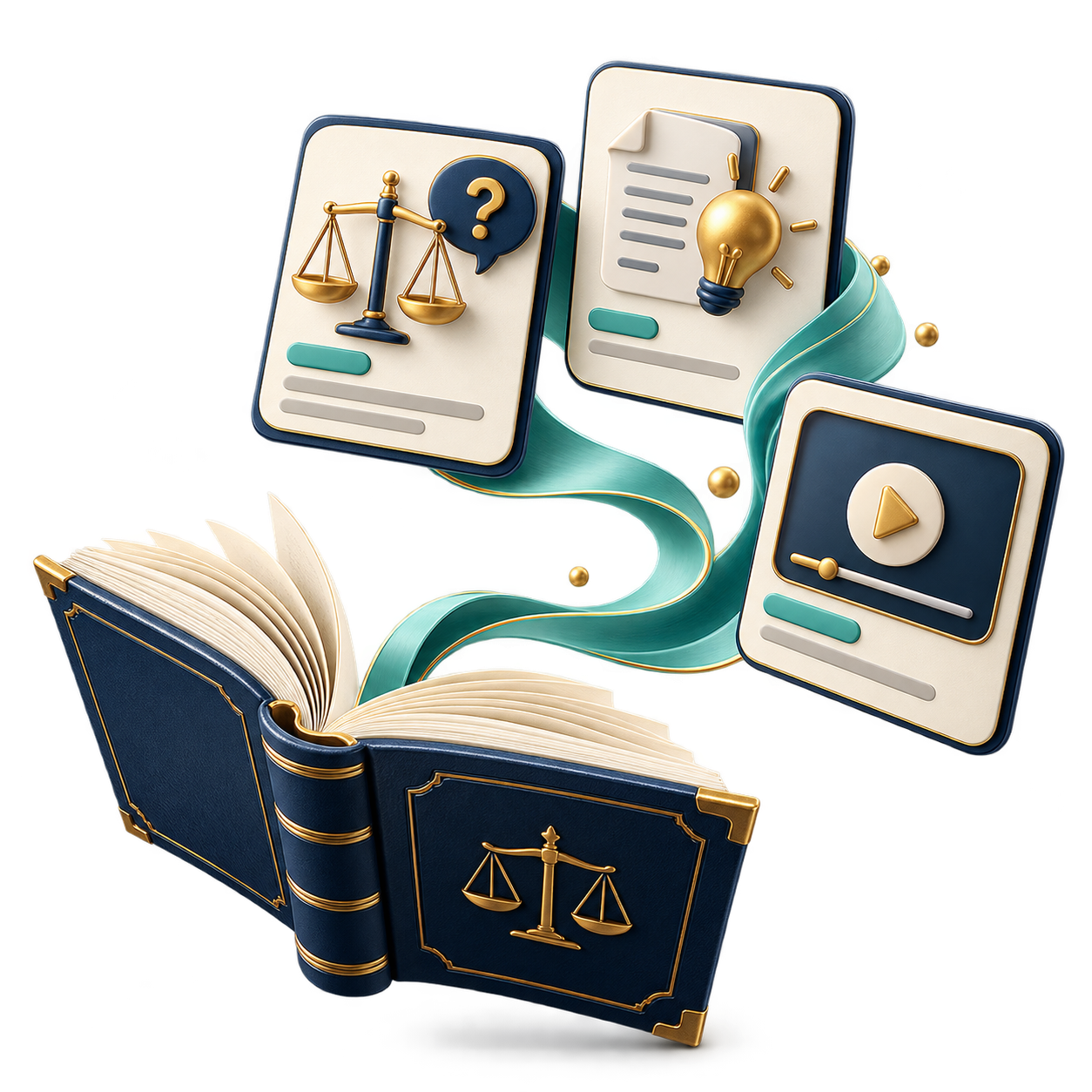 Open blue law book with floating cards showing scales of justice, a question mark bubble, a lightbulb, and a play button emerging from the pages.