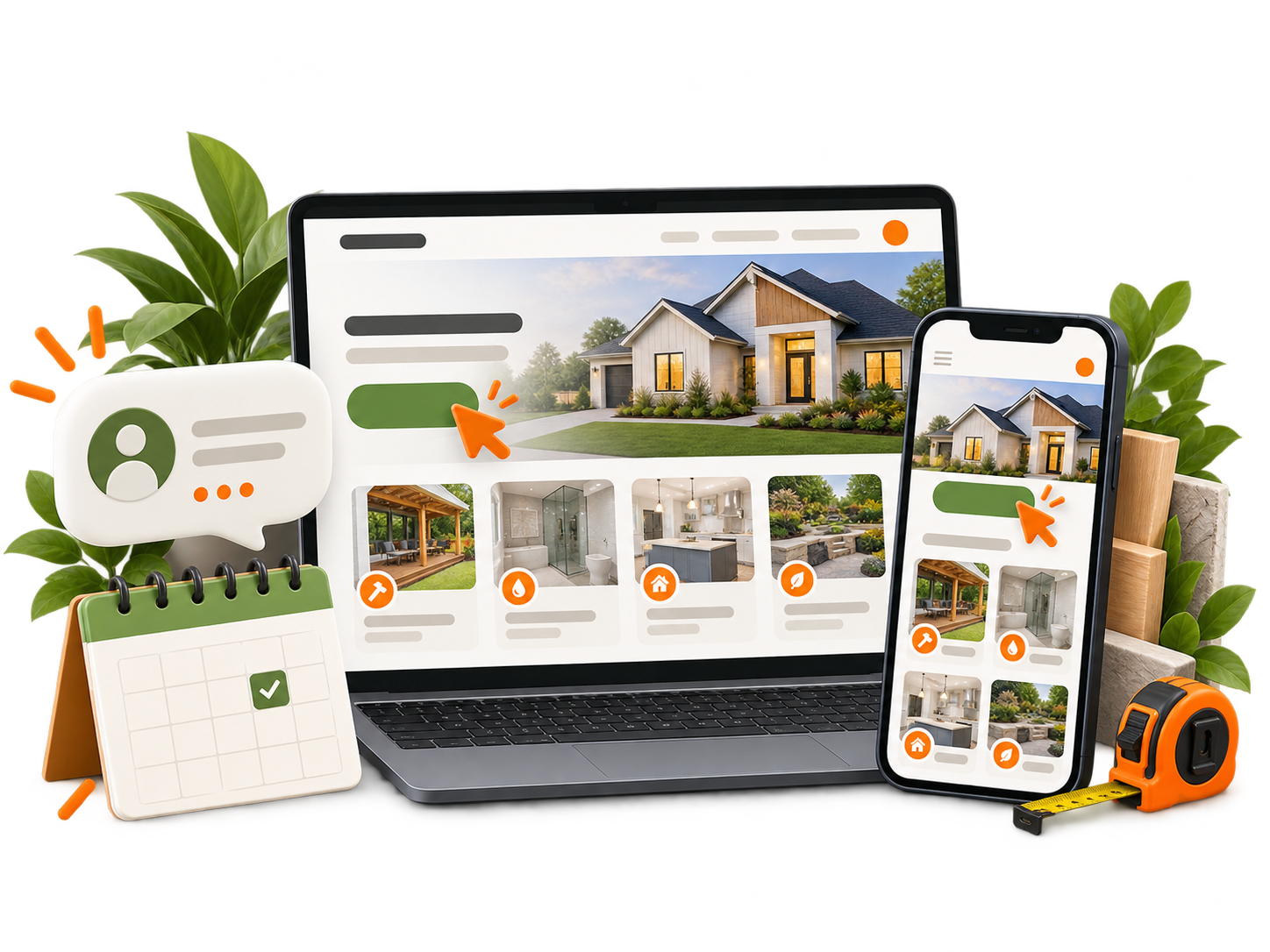 Real estate listing interface shown on a laptop and a smartphone, with property photos and icons.