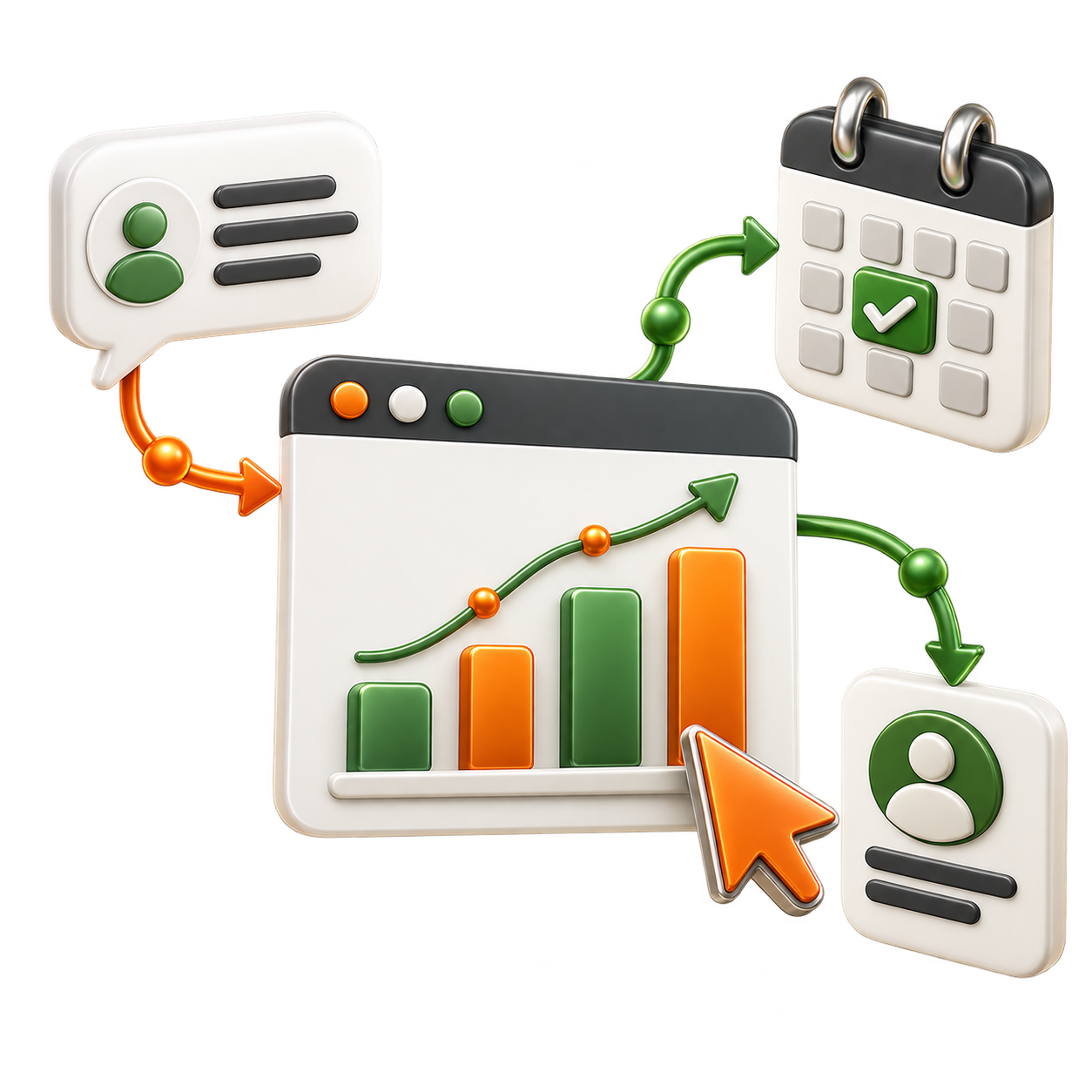 3D dashboard with bar chart and upward trend line, connected to user and calendar icons. More data-driven visualization context for analytics.
