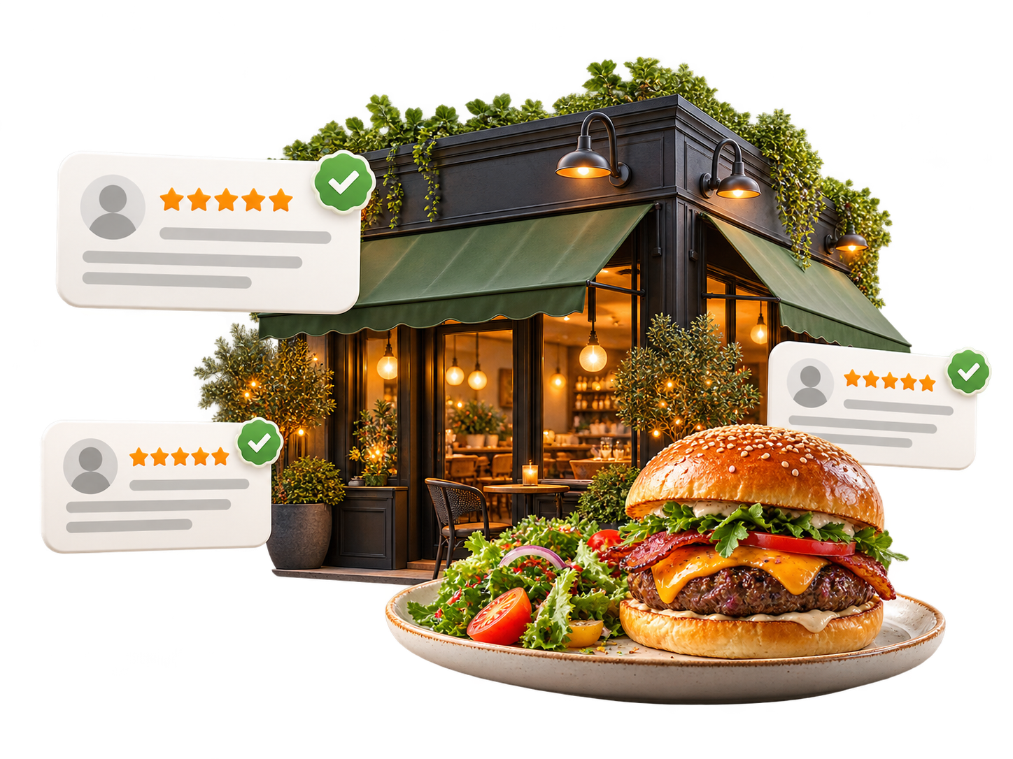 Exterior of a stylish restaurant with green awnings and warm lights, a cheeseburger on a plate, and floating five-star review badges.