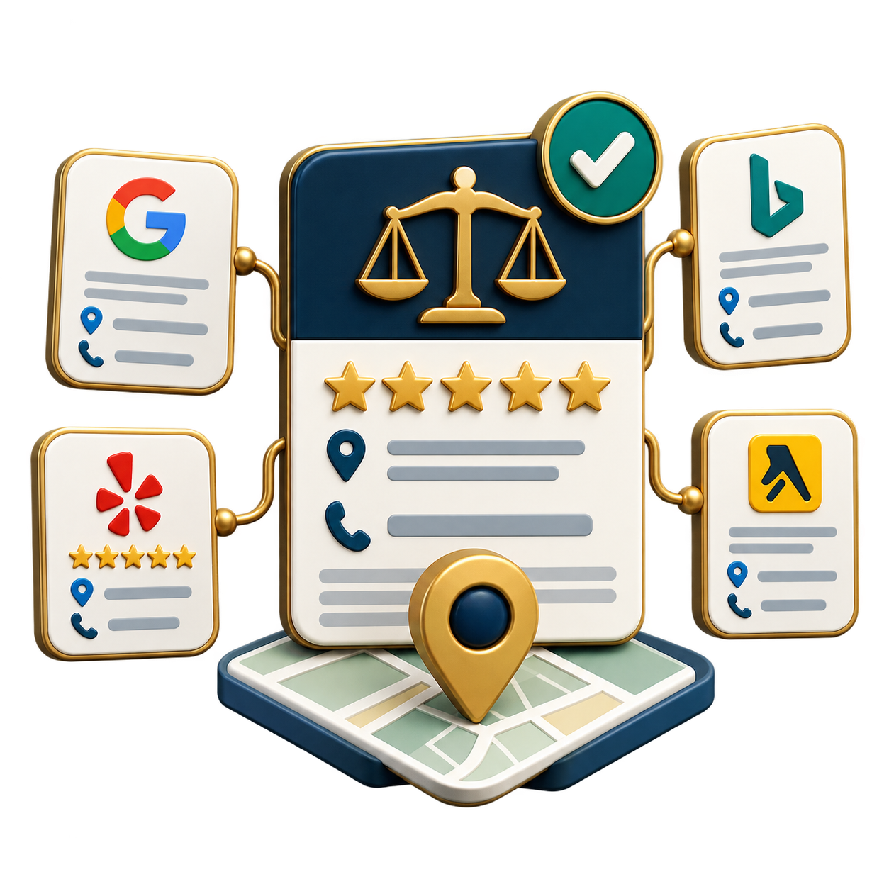 Central document with scales of justice, five gold stars, and a map pin, connected to local search result cards (Google, Bing, Yelp).