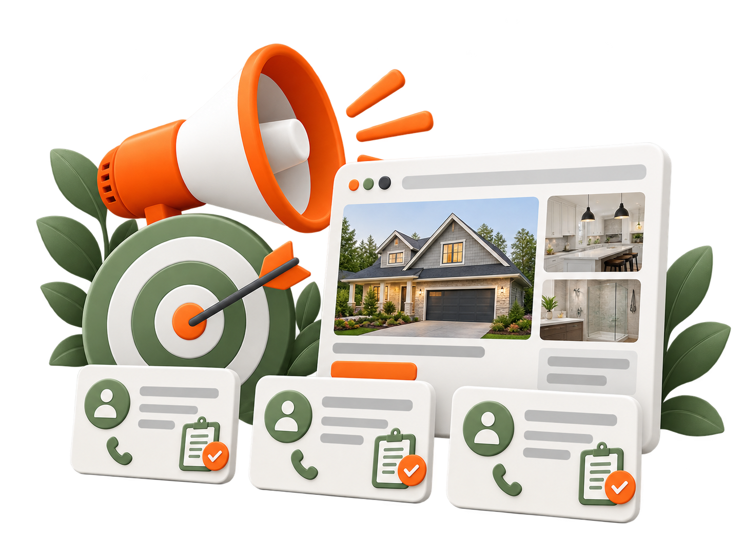 3D megaphone and bullseye target beside a real estate website showing a house, symbolizing property marketing.