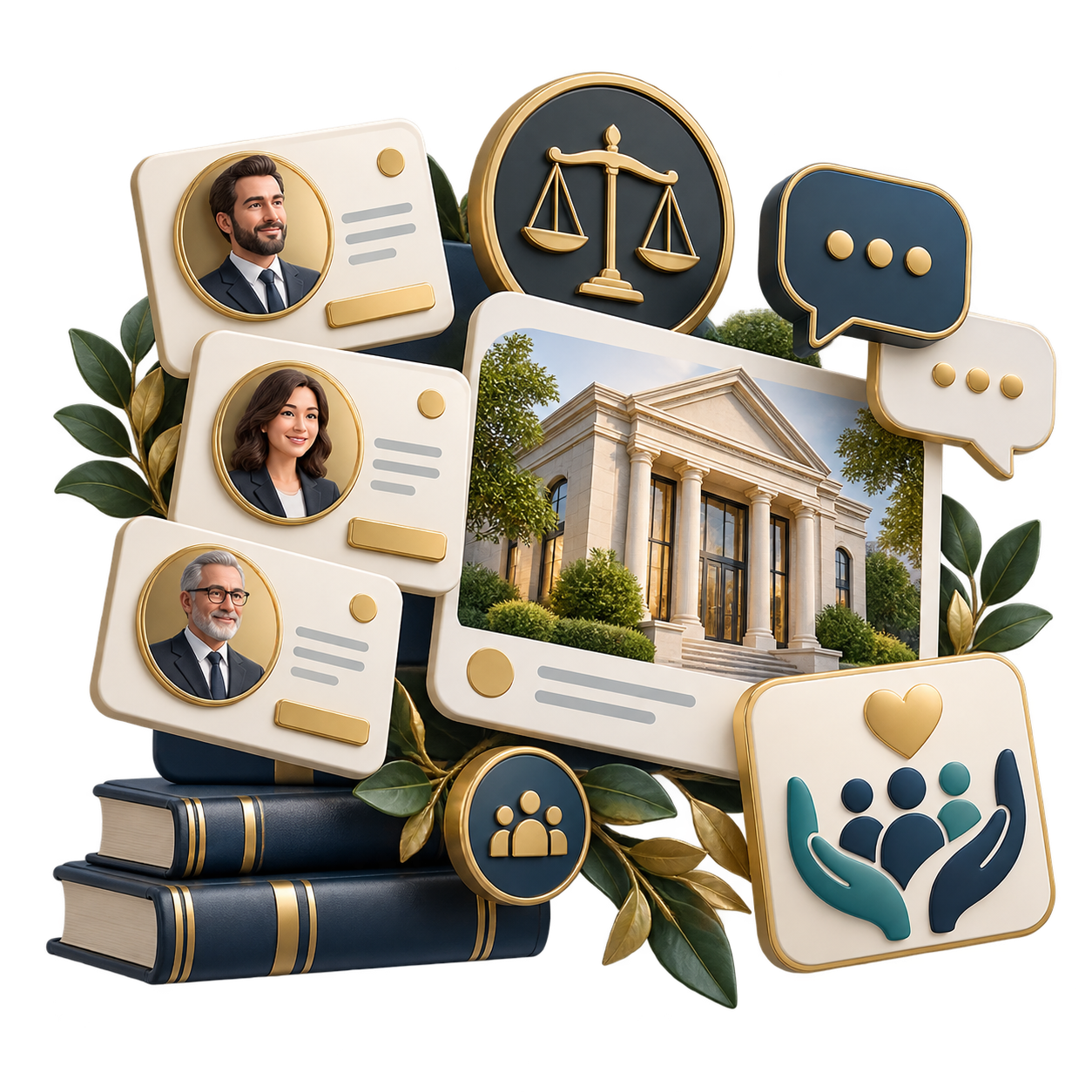Collage of legal imagery: a courthouse, scales of justice, profile cards, chat bubbles, a heart with people icon, and stacked law books.