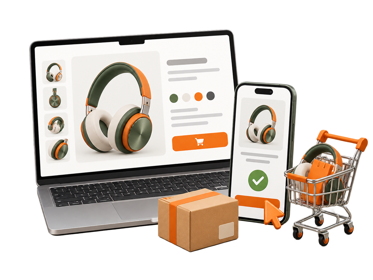 Laptop and mobile screens show a headphones product page in an online store, with a cardboard box and shopping cart nearby.
