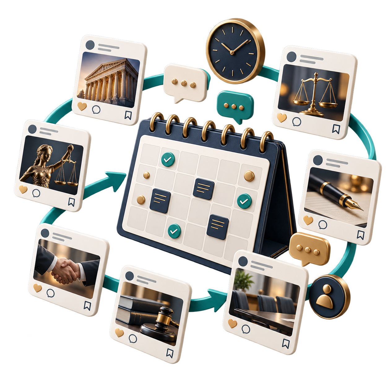 Desk calendar surrounded by law-themed icons (courthouse, scales, gavel), clock, chat bubbles, and social-style cards on a teal ring, depicting scheduling and legal workflow.