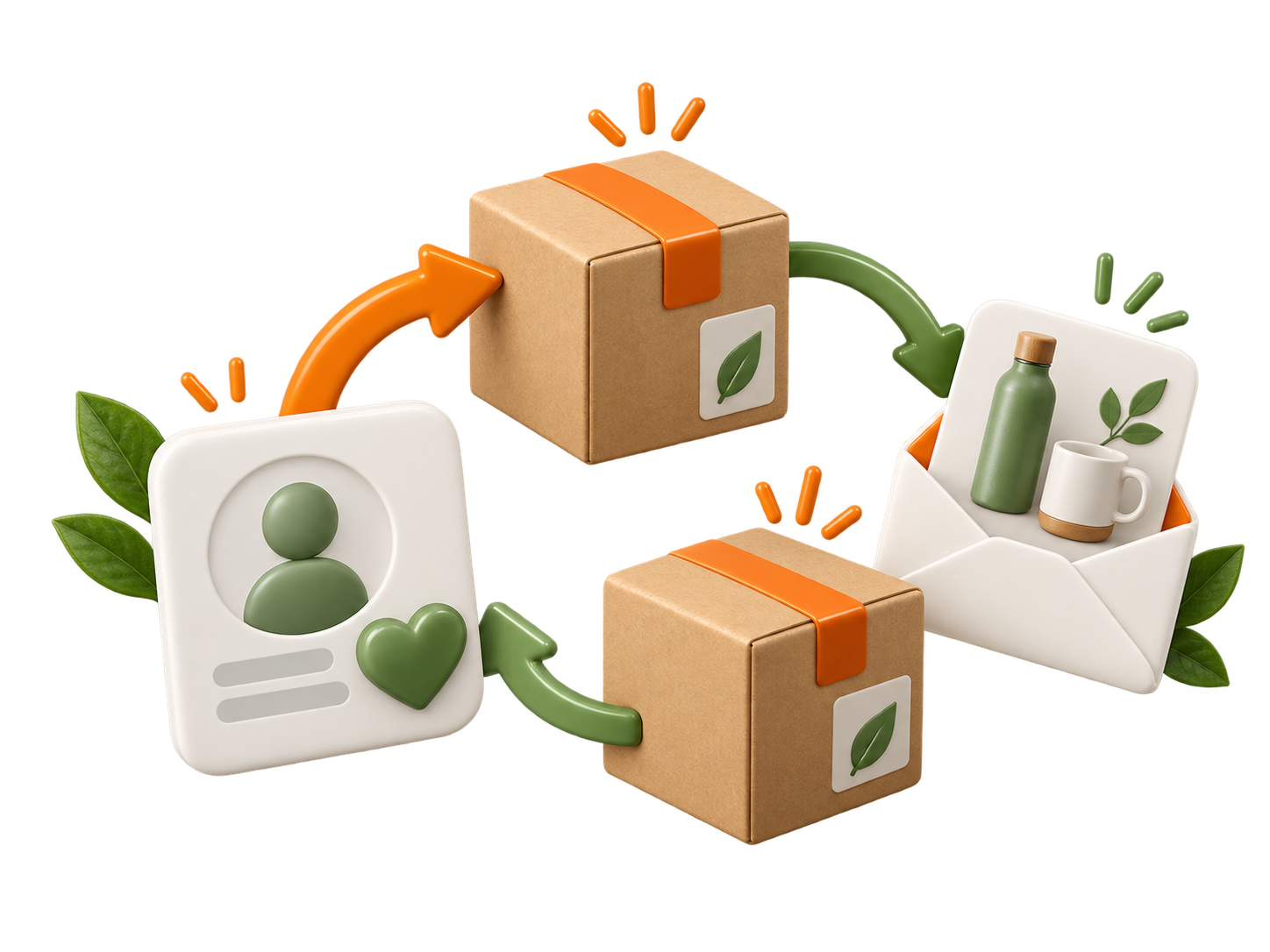 Eco-friendly packaging illustration: cardboard boxes with orange tape, envelope with a plant graphic, and a user profile card.