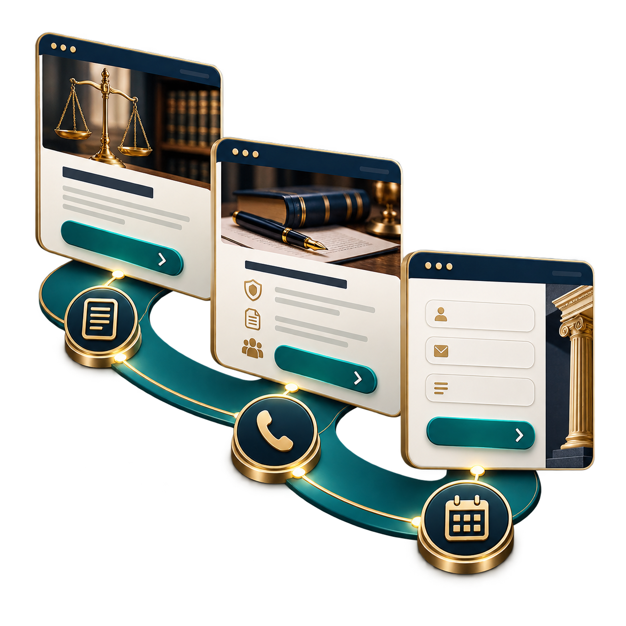 Three overlapping law-themed app screens on a teal curved connector, with scales of justice, a pen and legal books in the background, conveying legal services and online forms.