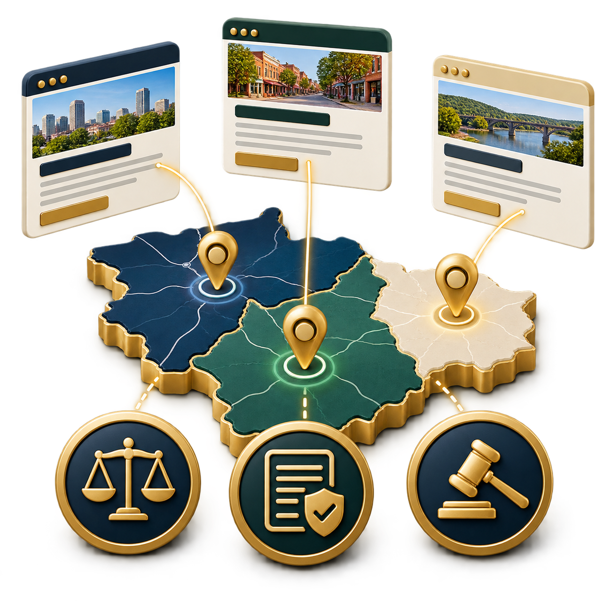 Map with three highlighted regions connected to document windows and location pins, overlaid with legal icons (scales, document, gavel).