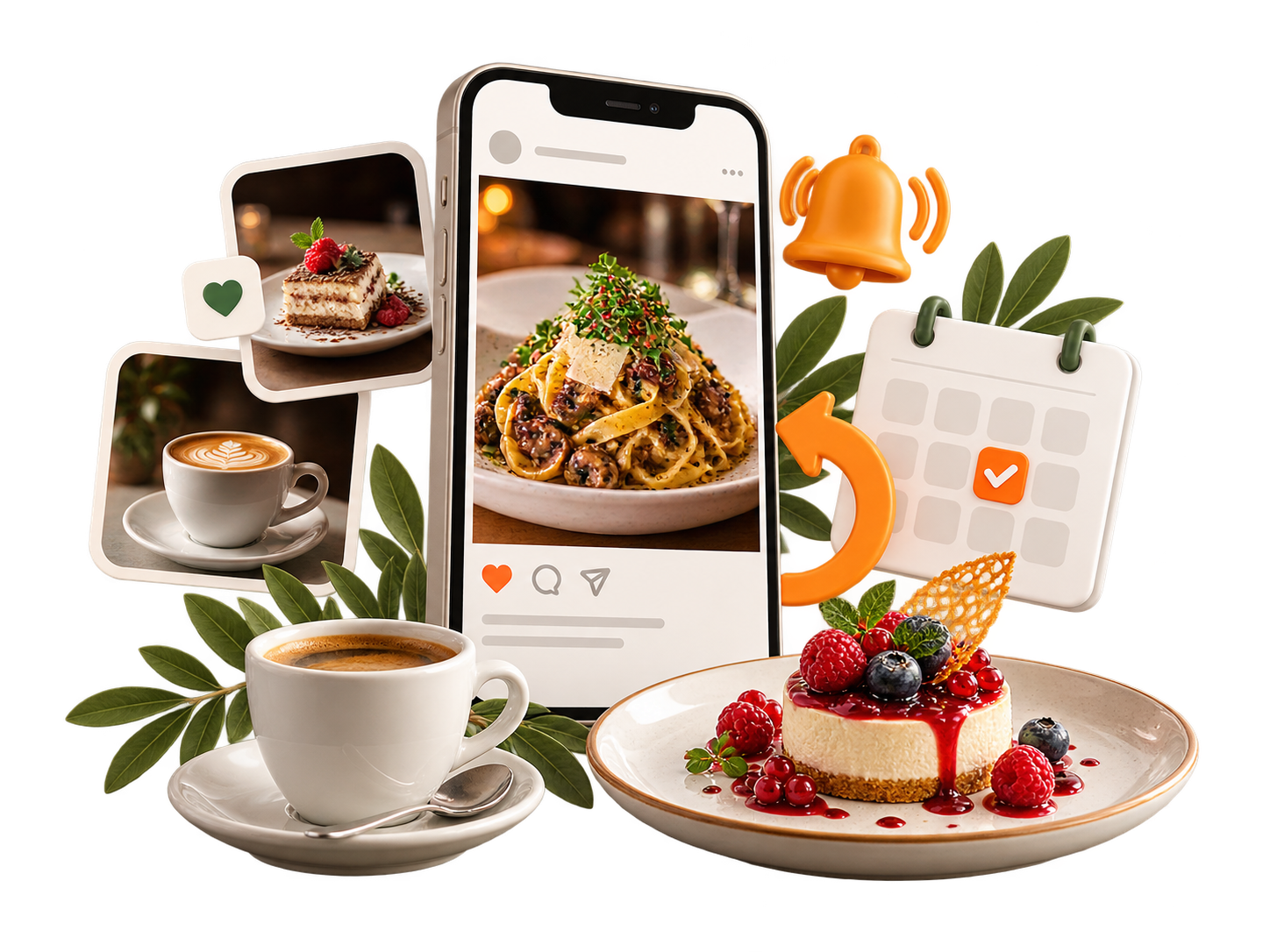 Collage of food photos around a smartphone displaying pasta, suggesting food blogging and social sharing.