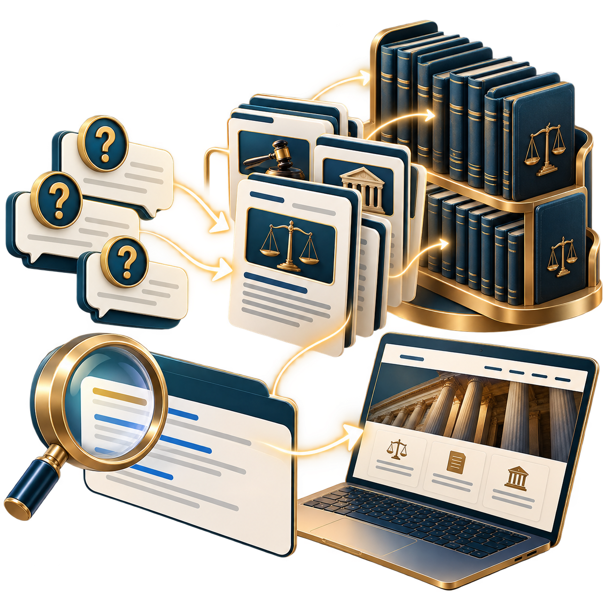 Stacks of legal books and scales on a golden shelf with document cards and a laptop showing legal icons.