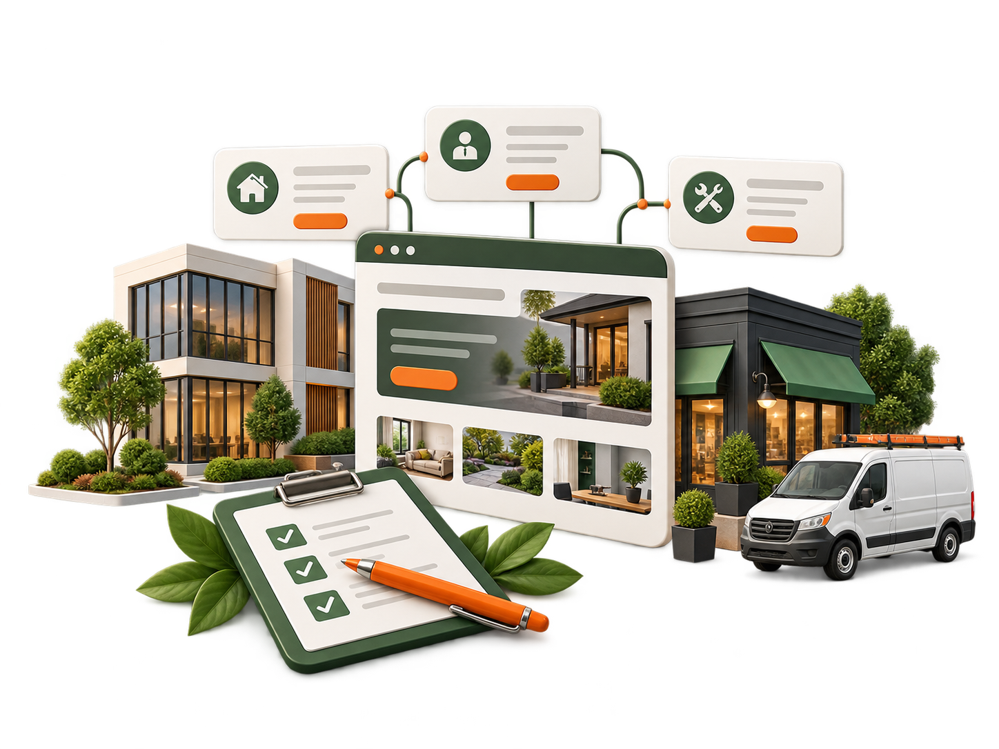 3D real estate montage: modern houses, a large screen with property photos, a checklist, and a white van.